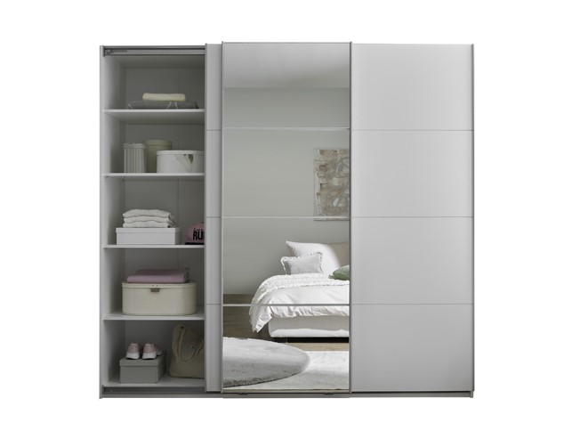 CARINA tolóajtós szekrény, tükör-fehér / fehér, 215x204x63 cm