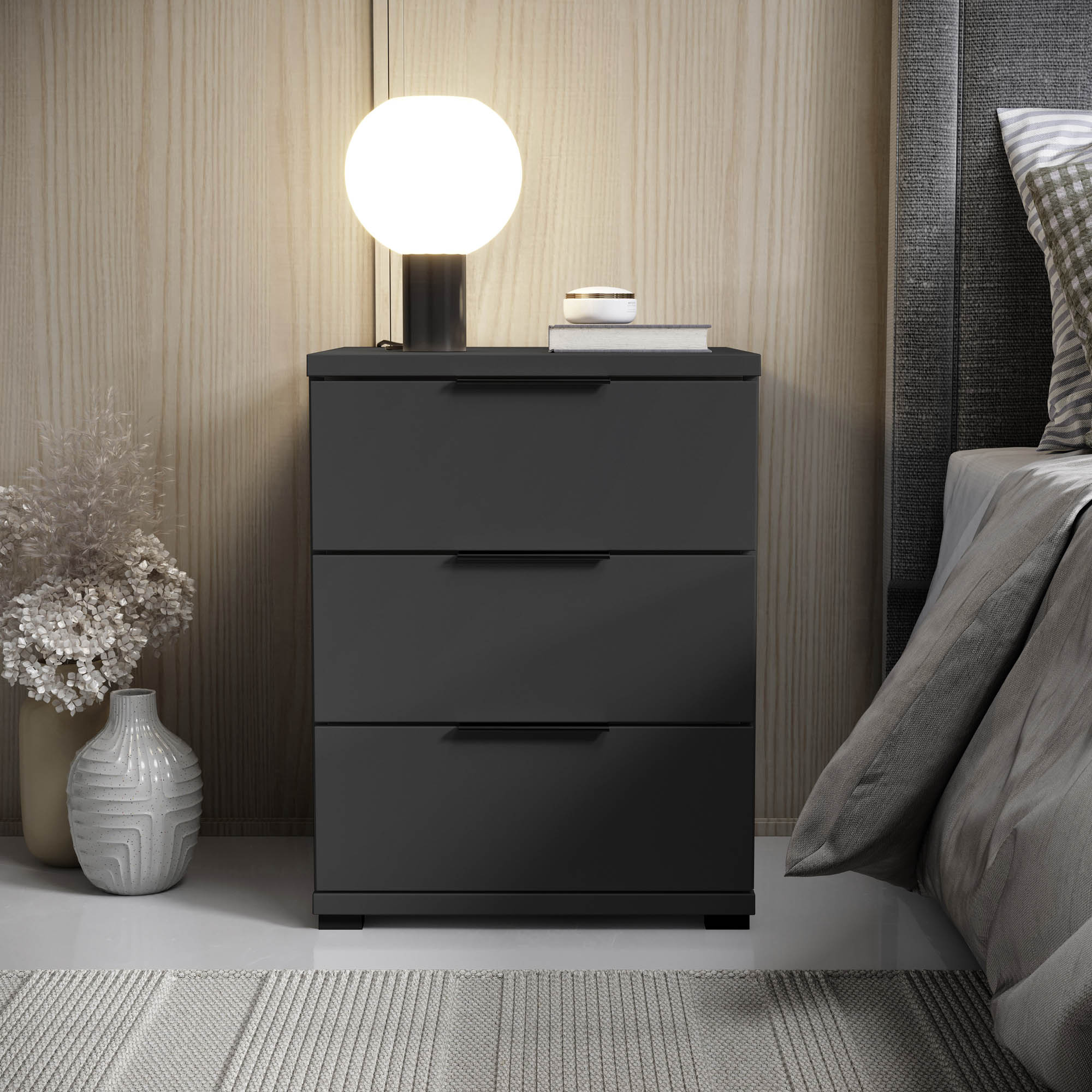 Sandro 3 fiókos éjjeliszekrény, antracit ,fekete fogantyú, 46x61x42 cm