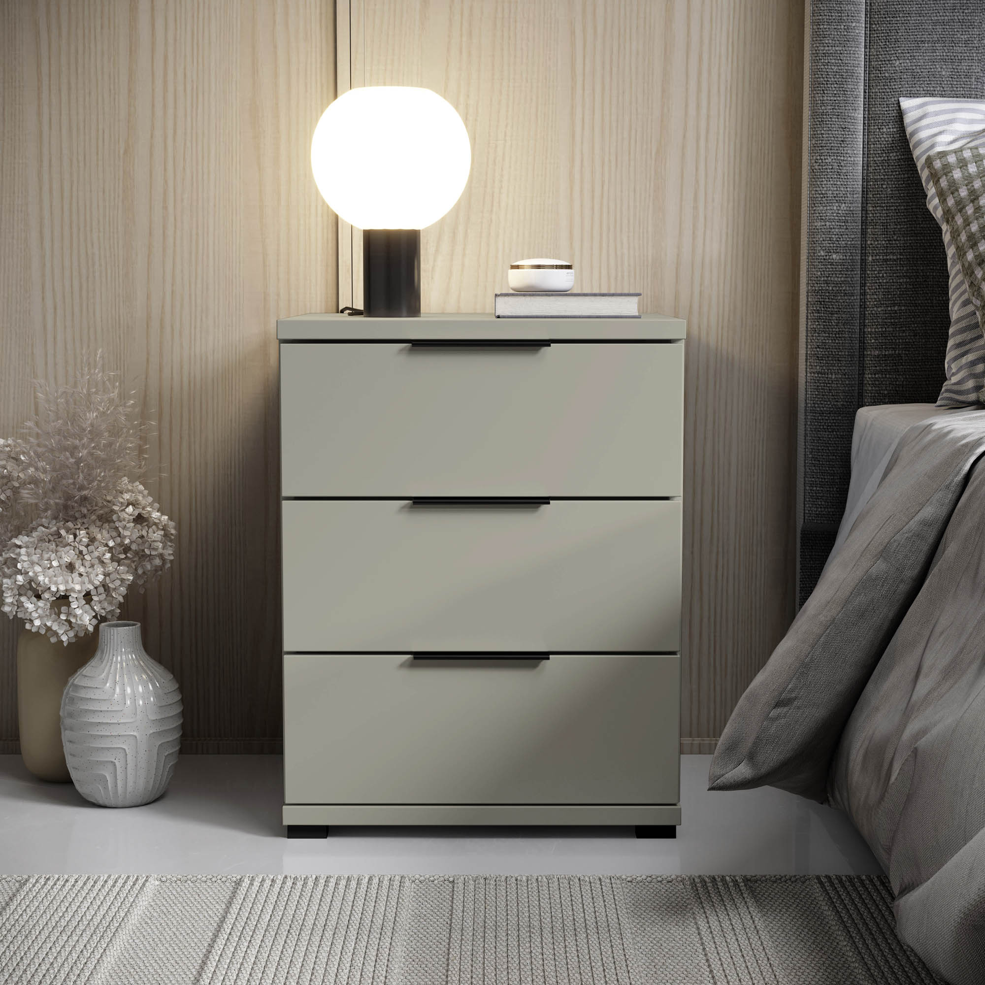 Sandro 3 fiókos éjjeliszekrény, kasmír, fekete fogantyú, 46x61x42 cm