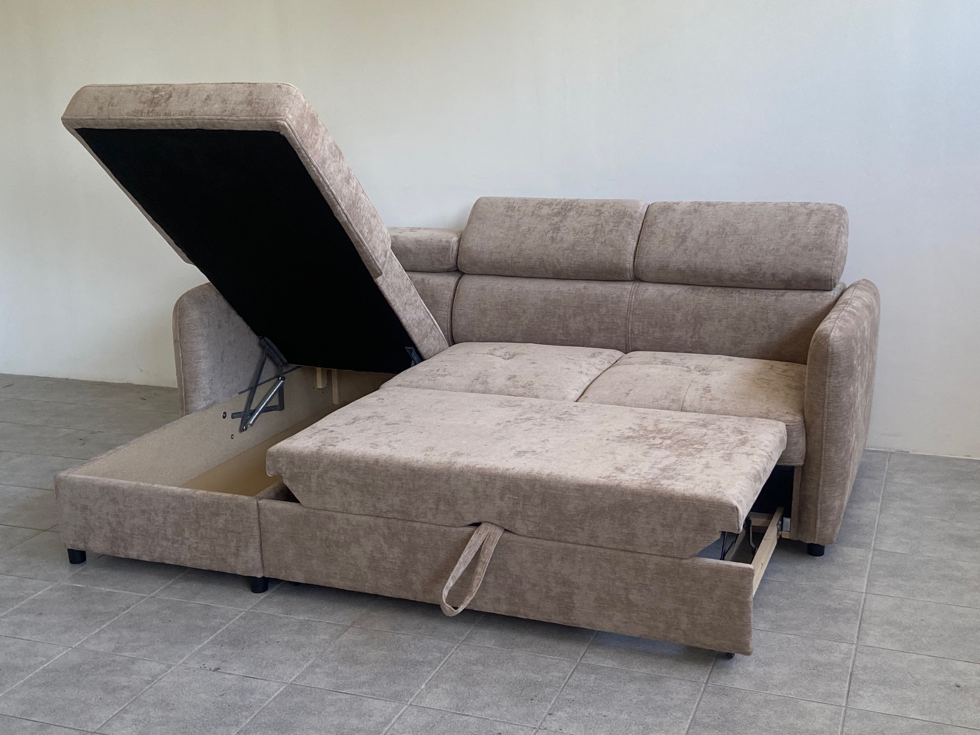 Welle sarokgarnitúra, balos, Neve szürke szövet, 218x170cm"AK"