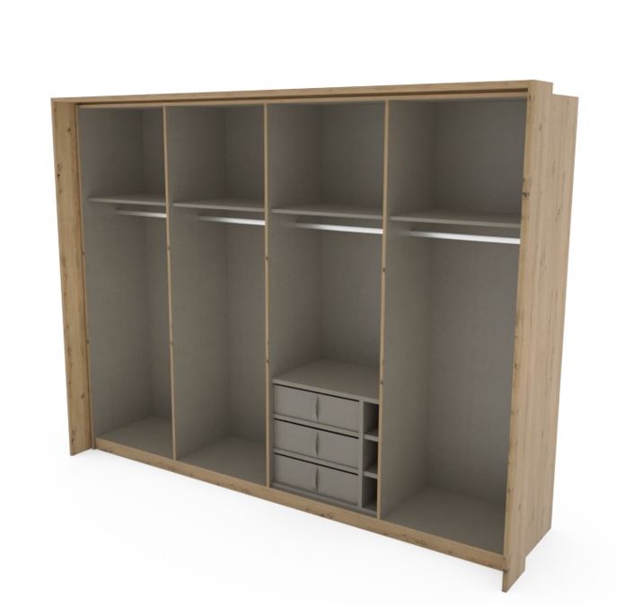 Lillian szinkronos 4 tolóajtós gardróbszekrény Passepartot kerettel, EXTRA BELSŐKKEL,Artisan tölgy / Fehér / Alu fogó, 278x214x64 cm"KSZ"