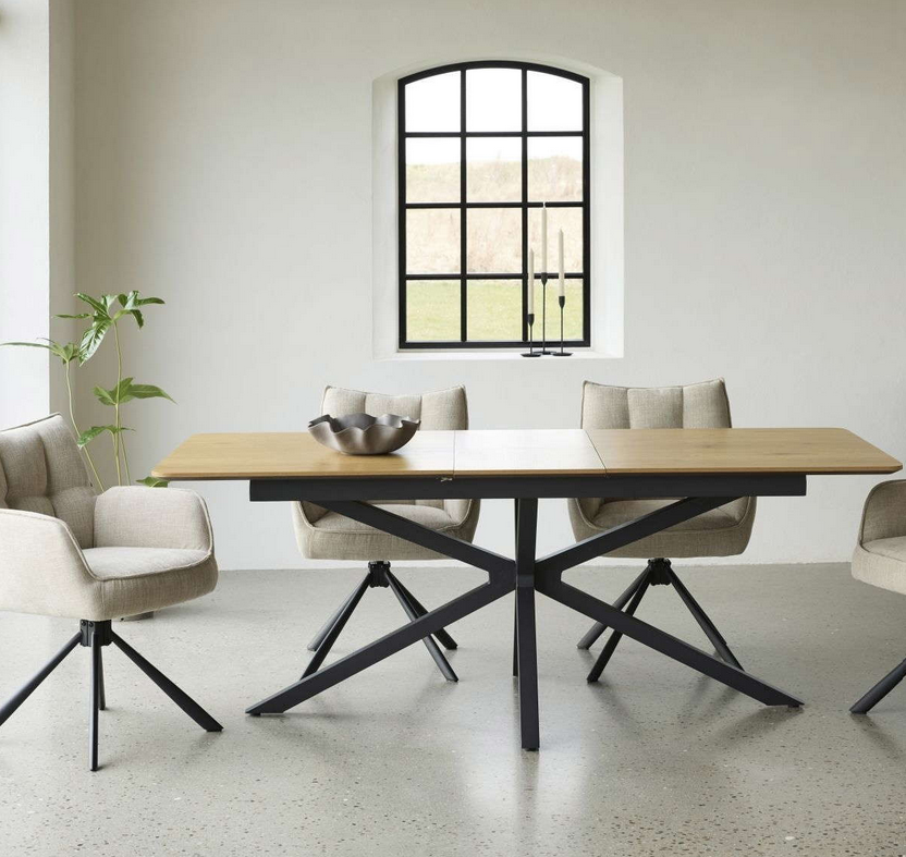 Cesna asztal, tölgy melamin lap, fekete fém láb, 90x160-200cm"k"
