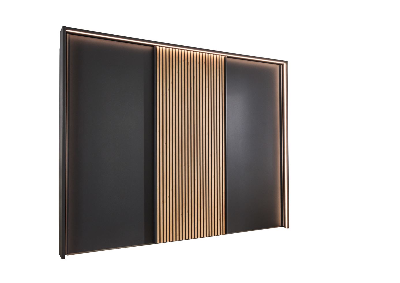 Denver tolóajtós gardróbszekrény, grafit - bianco tölgy dekor lamellák, EXTRA belső kiegészítőkkel (külső- belső- középső fékező szett + passepartout keret LED-világítással), 250x217x67 cm