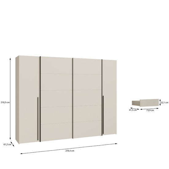 Margaret szekrény, kasmír, fekete fogantyú, prémium belső felszereltséggel, 271x211x61 cm