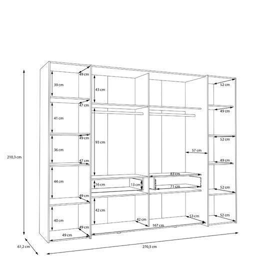 Margaret szekrény, kasmír, fekete fogantyú, prémium belső felszereltséggel, 271x211x61 cm