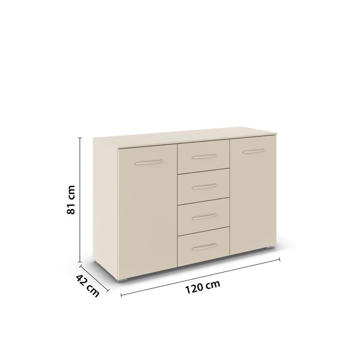 Aland box komód 2 ajtó, 4 fiók, pezsgő, pezsgő fogantyú, 120x81x42 cm