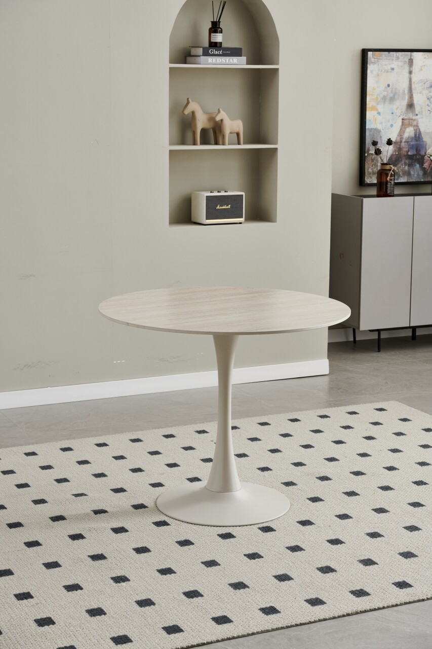 Johanna asztal, kerek, keramialapos Travertin/beige láb, 90x75x90cm