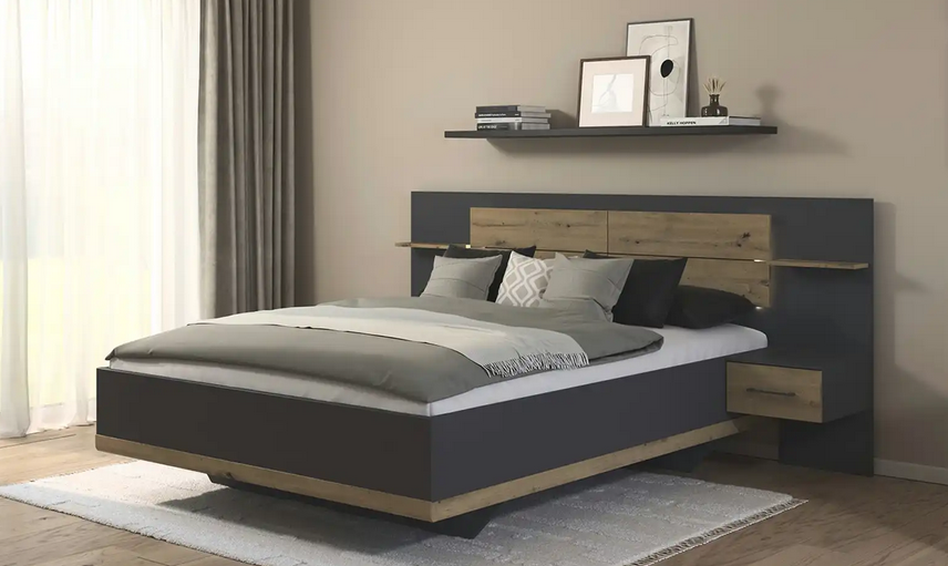 Bea-new franciaágy szett, éjjeliszekrénnyel, antracitszürke metál-artisan tölgy, 160x 200cm,"ÚJ"