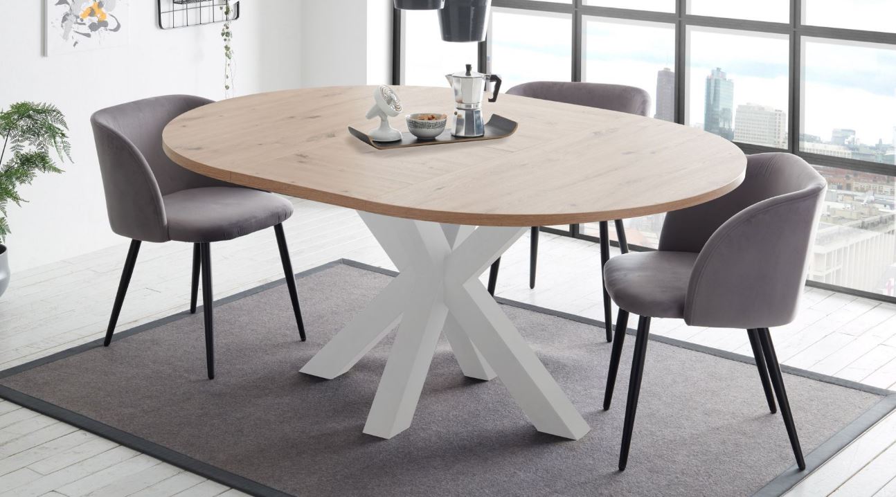 Flex-RondoX110B étkezőasztal, Artisantölgy asztallap, krém fém láb, 110-150x110x78 cm