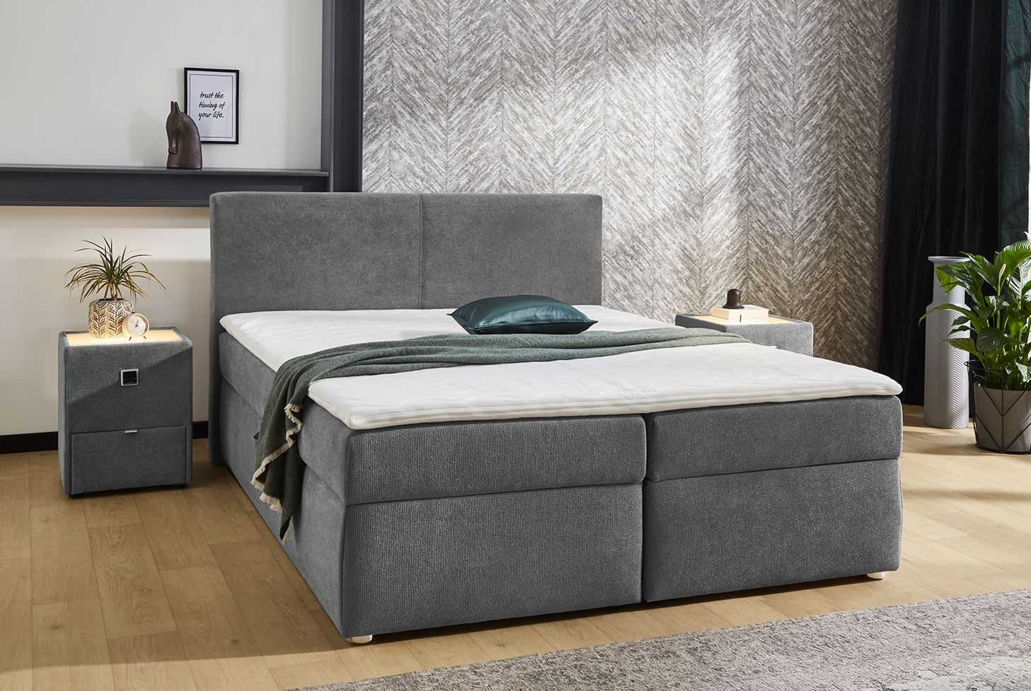 Giga boxspring ágyszett, matraccal, ágyneműtartóval, topperrel, szürke, 160x200 cm
