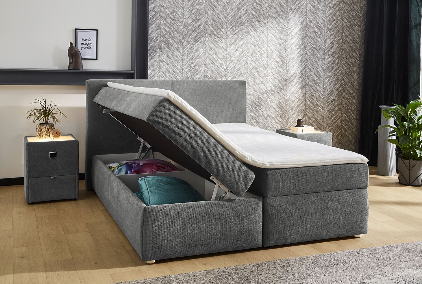 Giga boxspring ágyszett, matraccal, ágyneműtartóval, topperrel, szürke, 160x200 cm