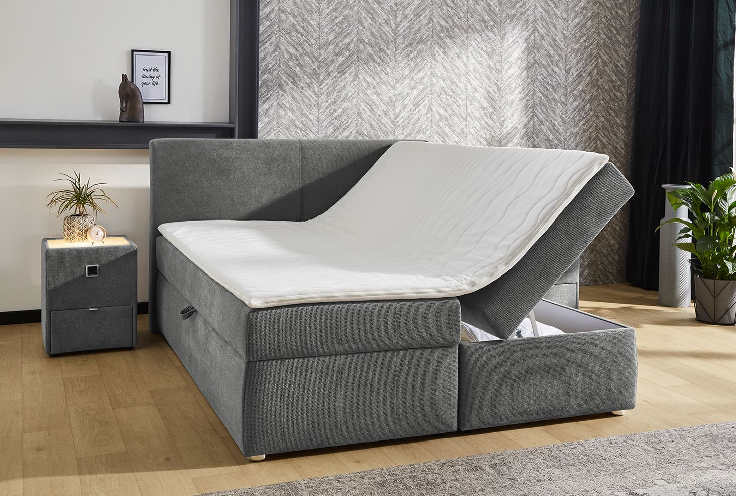 Giga boxspring ágyszett, matraccal, ágyneműtartóval, topperrel, szürke, 160x200 cm