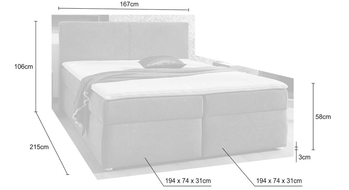 Giga boxspring ágyszett, matraccal, ágyneműtartóval, topperrel, szürke, 160x200 cm