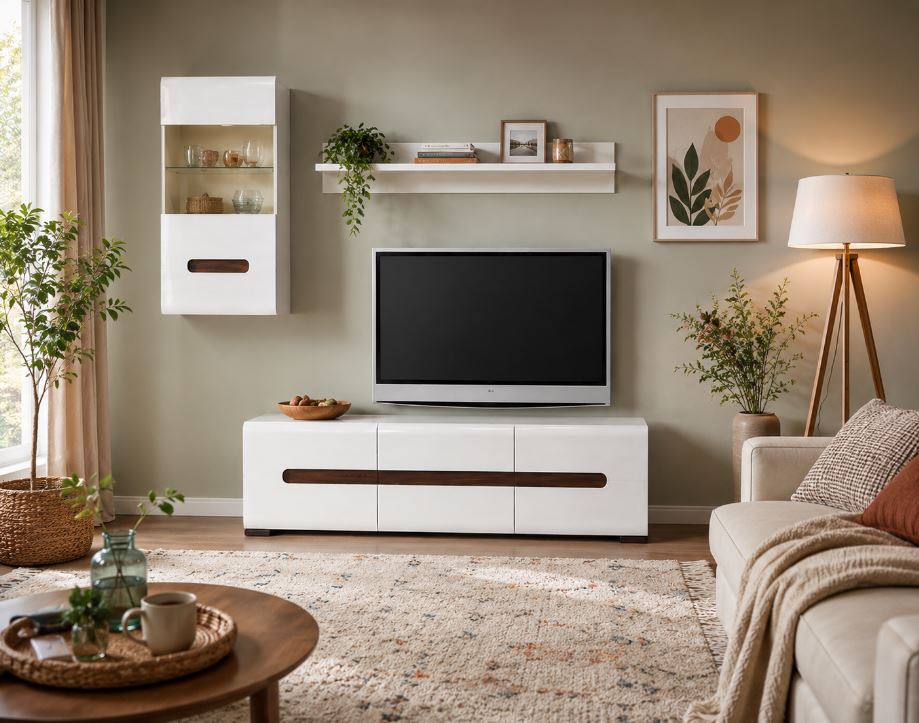 Glossy nappali szekrény, Tv állvány+vitrines szekrény, magasfényű fehér+mágikus wenge, "k" (minta)