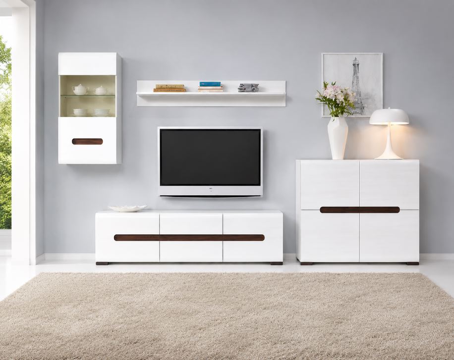 Glossy nappali szekrény, Tv állvány+vitrines szekrény, magasfényű fehér+mágikus wenge, "k" (minta)