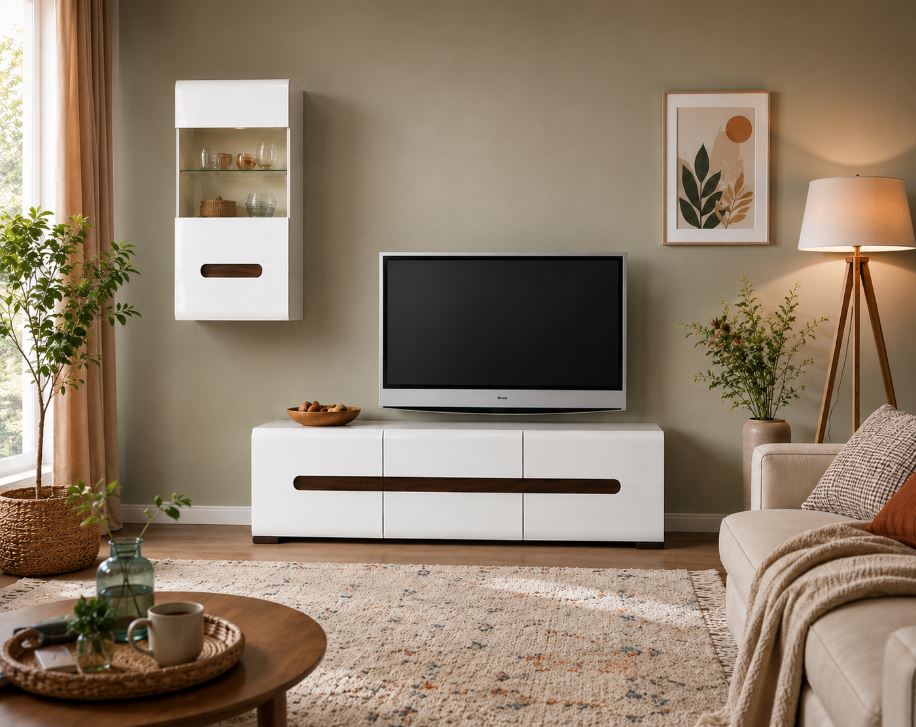 Glossy nappali szekrény, Tv állvány+vitrines szekrény, magasfényű fehér+mágikus wenge, "k" (minta)