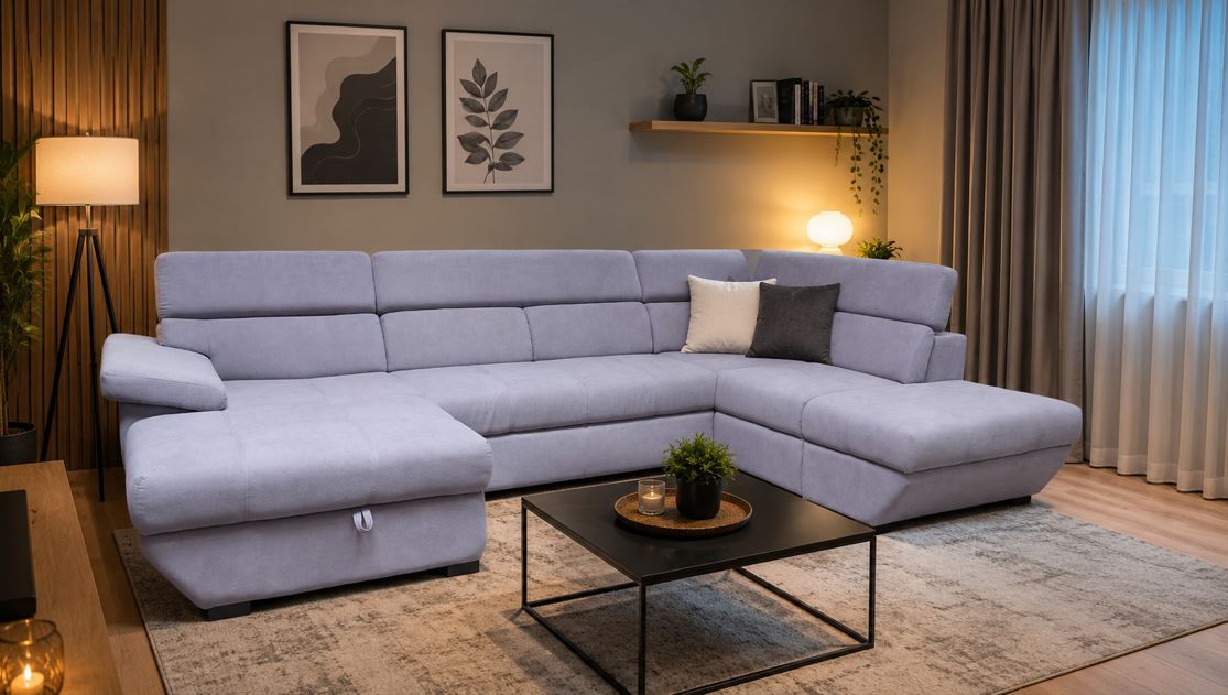 Sebrano (42402) U-garnitúra, balos felnyíló ágyneműtartóval + saját anyagával bevont vendégágy + jobbos ottomán, fix, egyszínű All Senses elephant szövettel, 170x325x224 cm