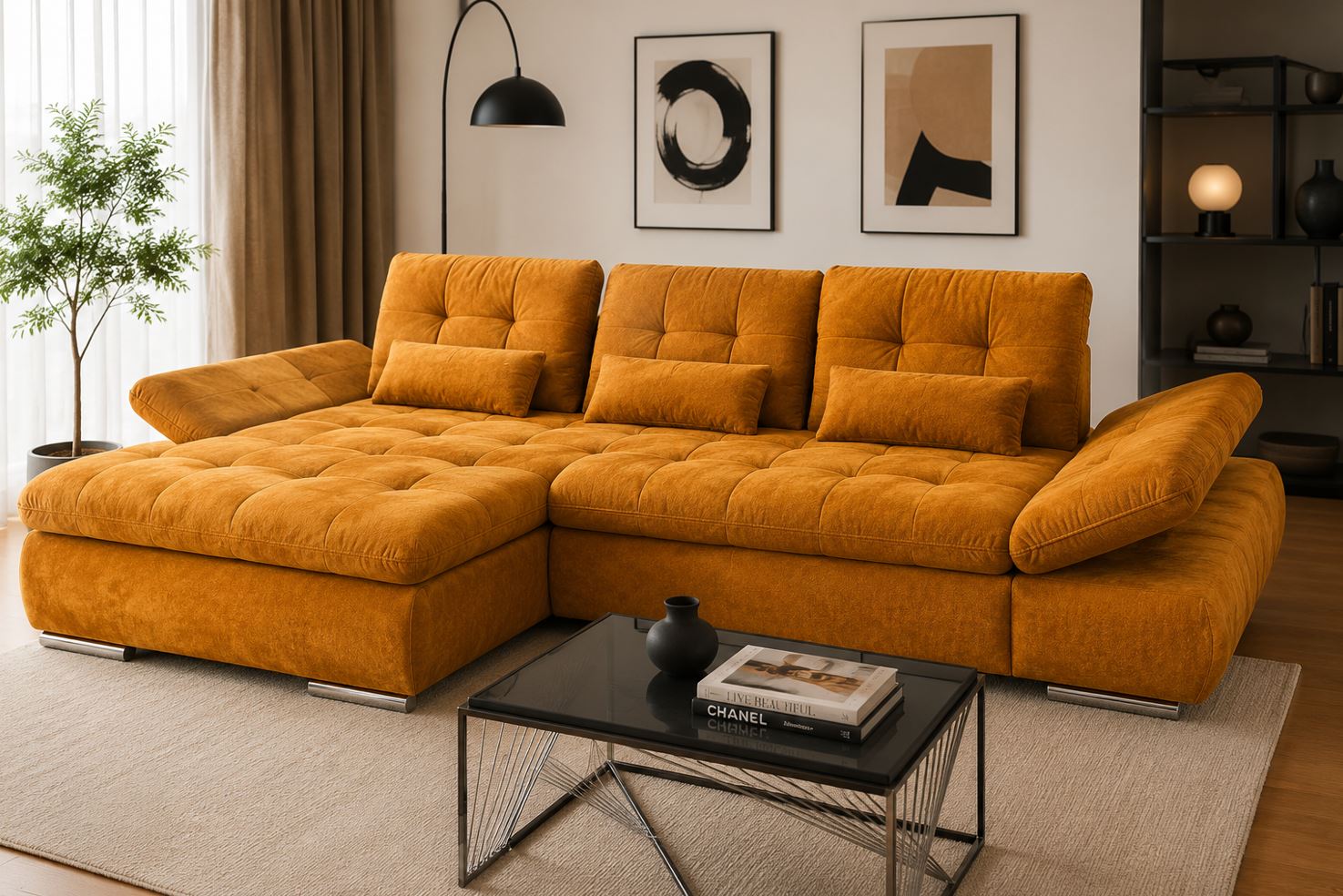 Vista lábtartós sarokgarnitúra, ülés és fejtámla funkciókkal, derékpárnával, balos, Cosy mustard B, króm, 305x199 cm