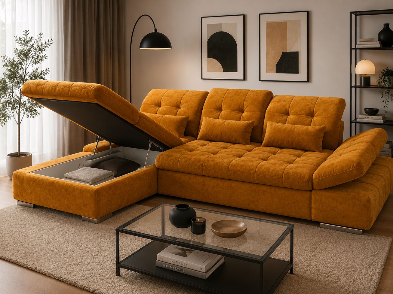 Vista lábtartós sarokgarnitúra, ülés és fejtámla funkciókkal, derékpárnával, balos, Cosy mustard B, króm, 305x199 cm
