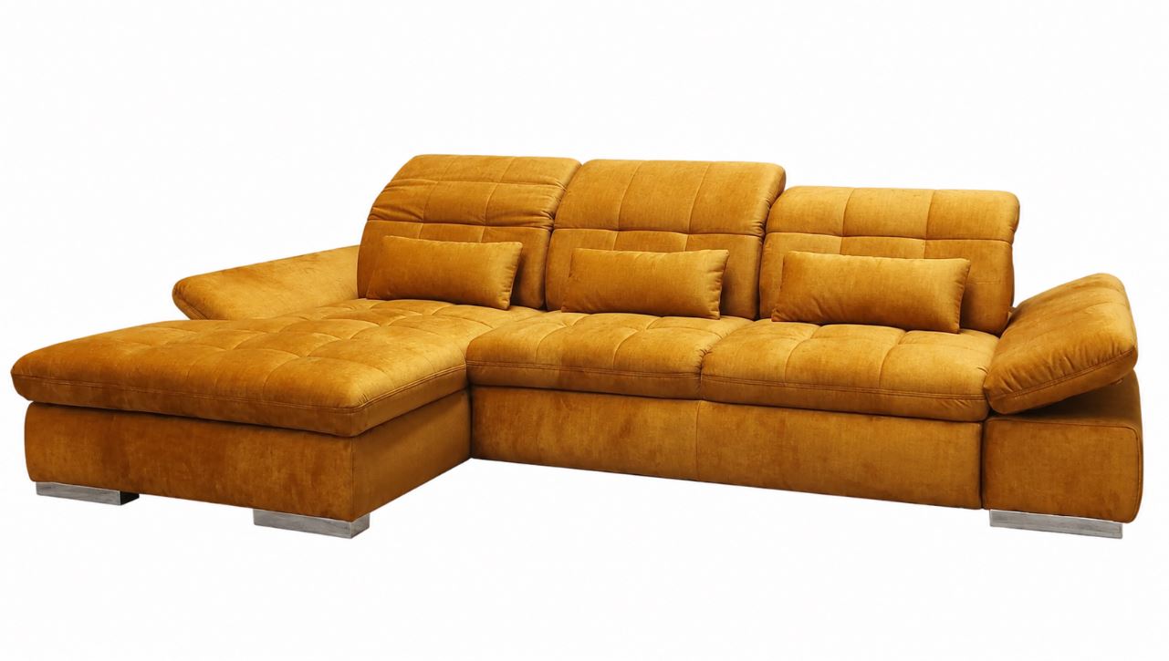 Vista lábtartós sarokgarnitúra, ülés és fejtámla funkciókkal, derékpárnával, balos, Cosy mustard B, króm, 305x199 cm