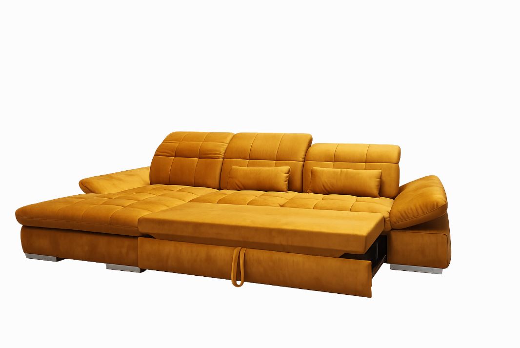 Vista lábtartós sarokgarnitúra, ülés és fejtámla funkciókkal, derékpárnával, balos, Cosy mustard B, króm, 305x199 cm