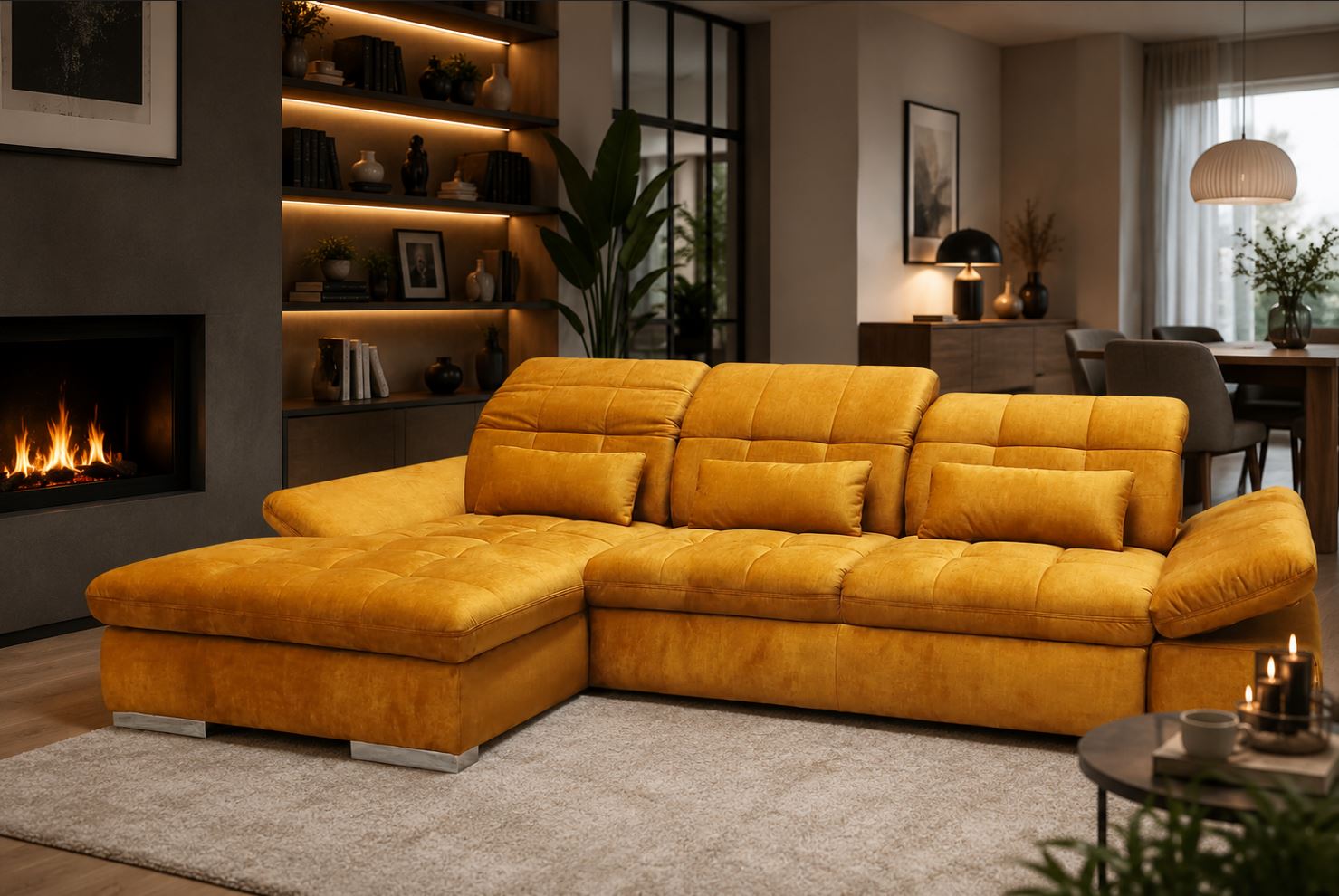Vista lábtartós sarokgarnitúra, ülés és fejtámla funkciókkal, derékpárnával, balos, Cosy mustard B, króm, 305x199 cm