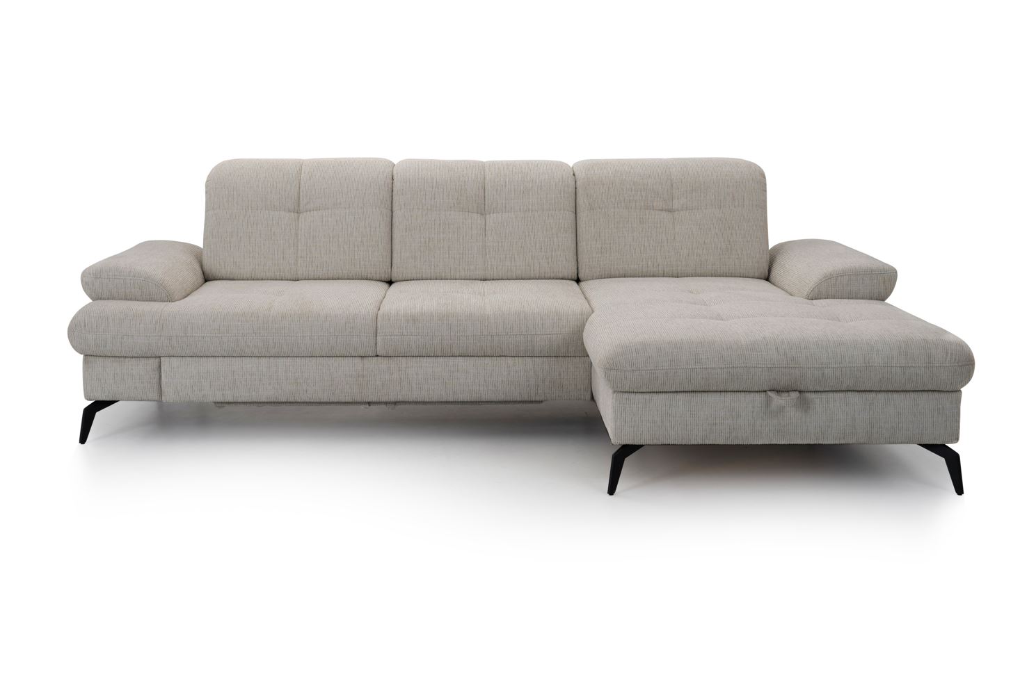 Avelon lábtartós sarokgarnitúra, vendégággyal, ágyneműtartóval, fekete fém lábbal, 270x185 cm