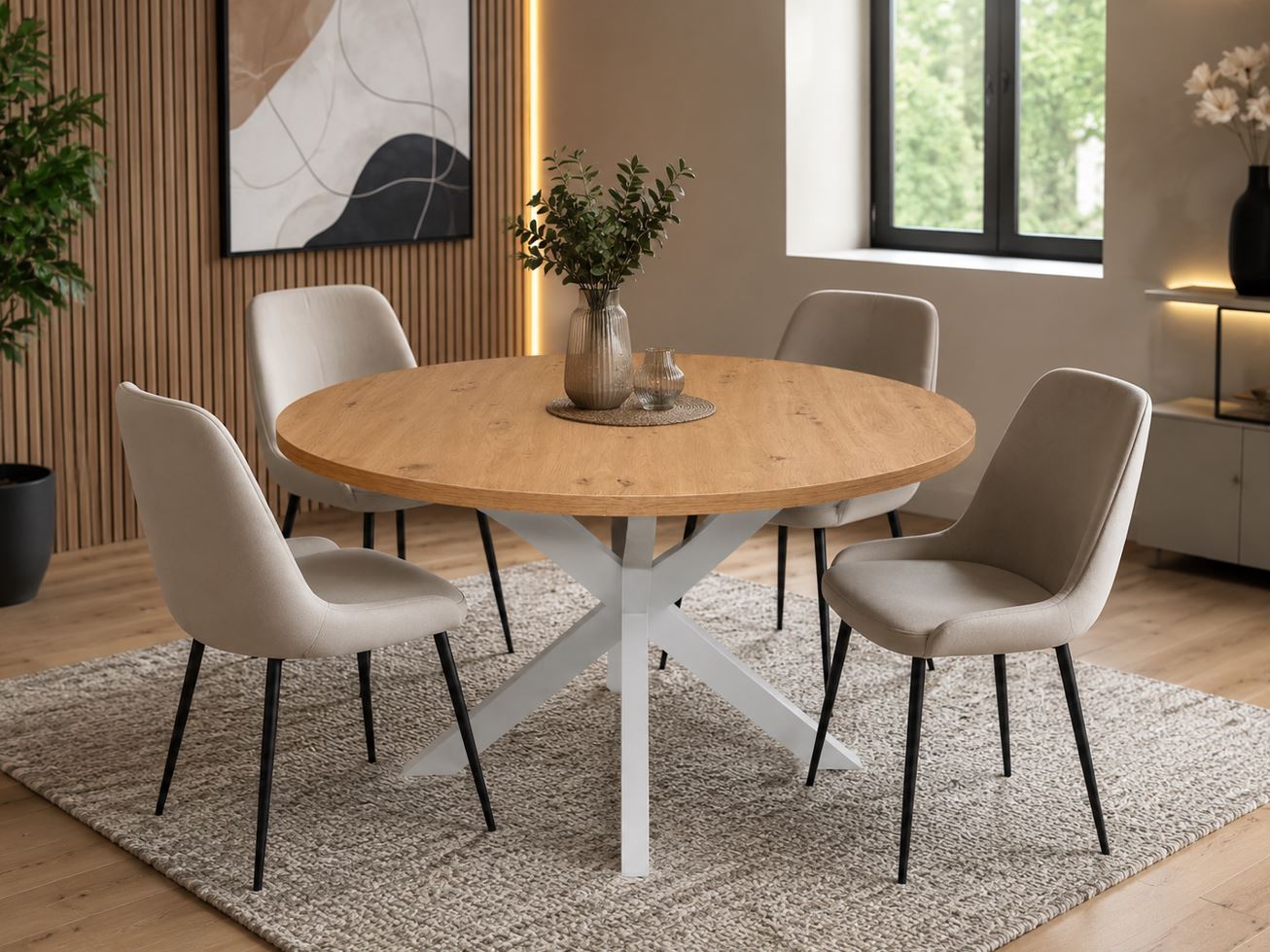 Flex-RondoX110B étkezőasztal, Artisantölgy asztallap, krém fém láb, 110-150x110x78 cm