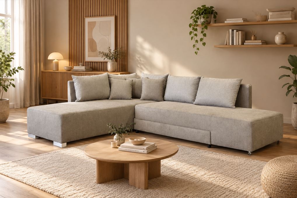 Solution L alakú ülőgarnitúra mindennapos alvásra alkalmas ággyal, 303x212 cm, fekvőfelület: 170x200 cm, Matana szürke
