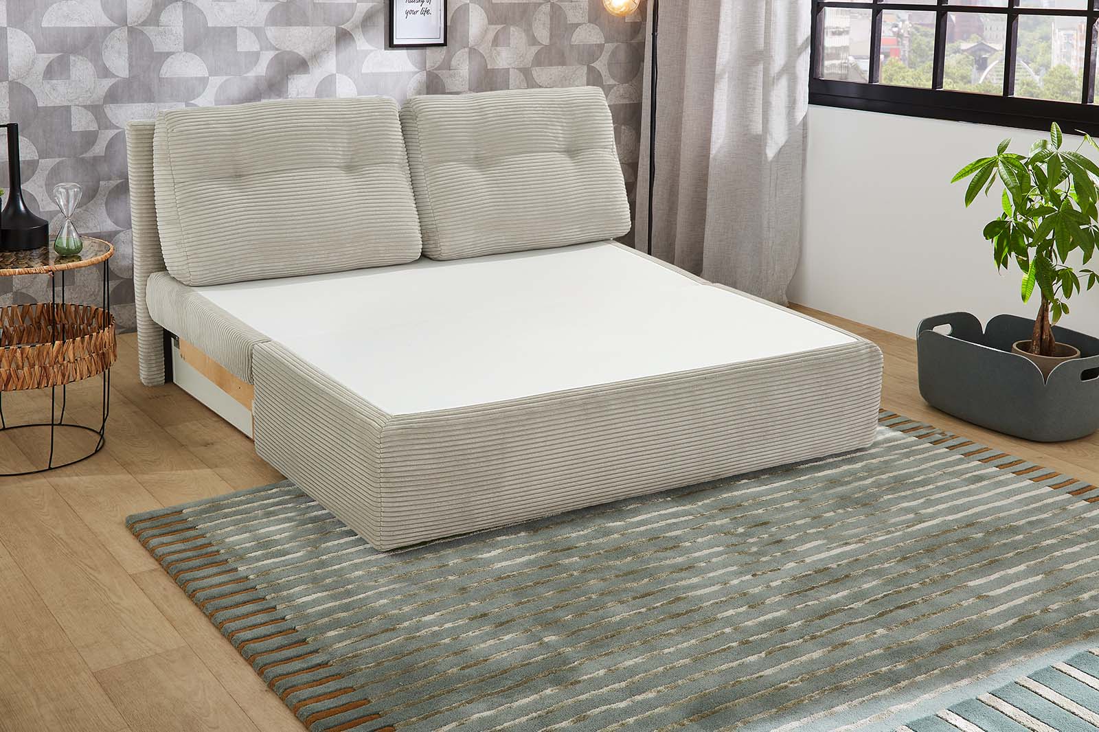 Slim kanapé, előre ágyazható, beige, 136 cm