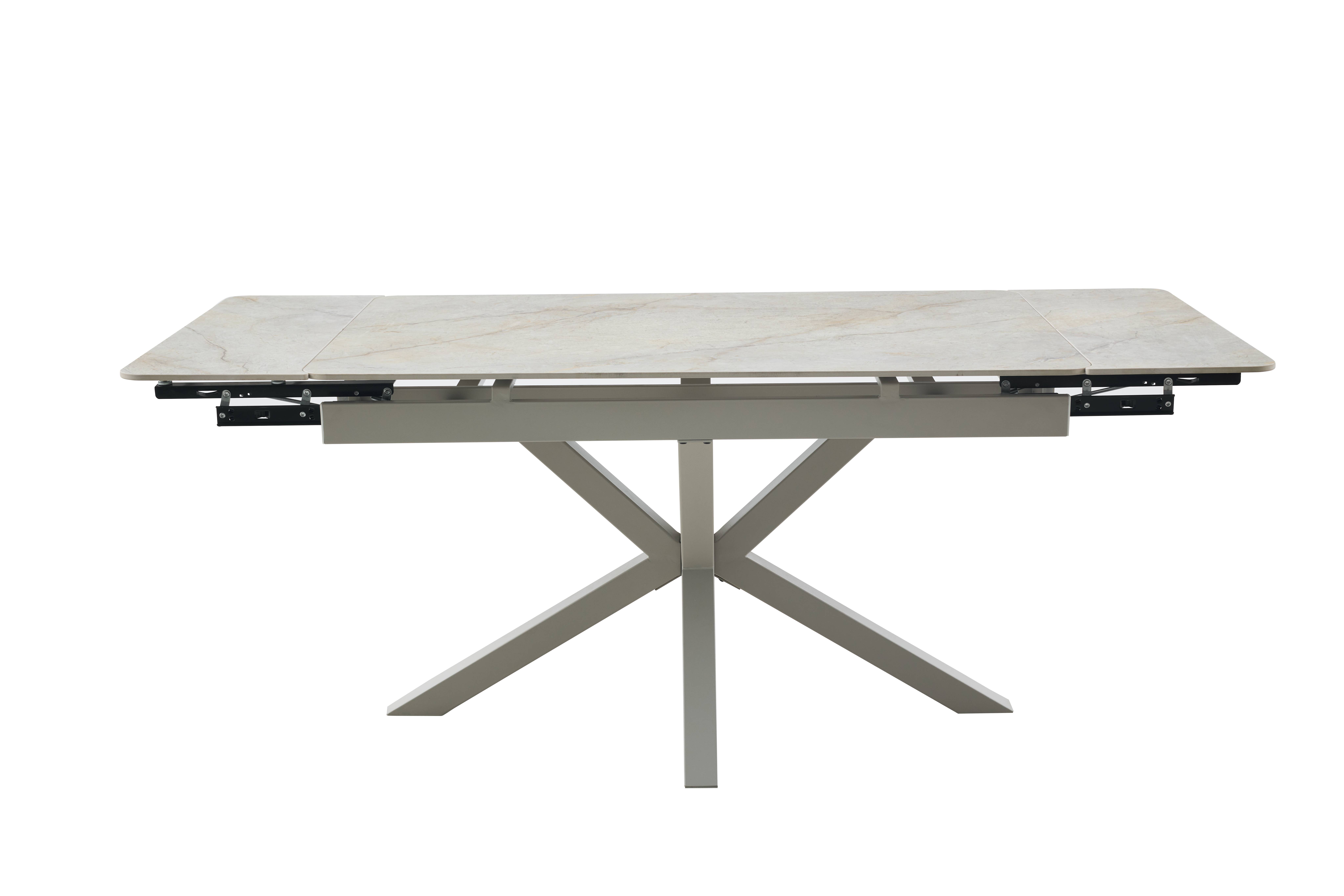 Alicante asztal,matt beige szinterezett kő,camel láb 130-190x80x76cm