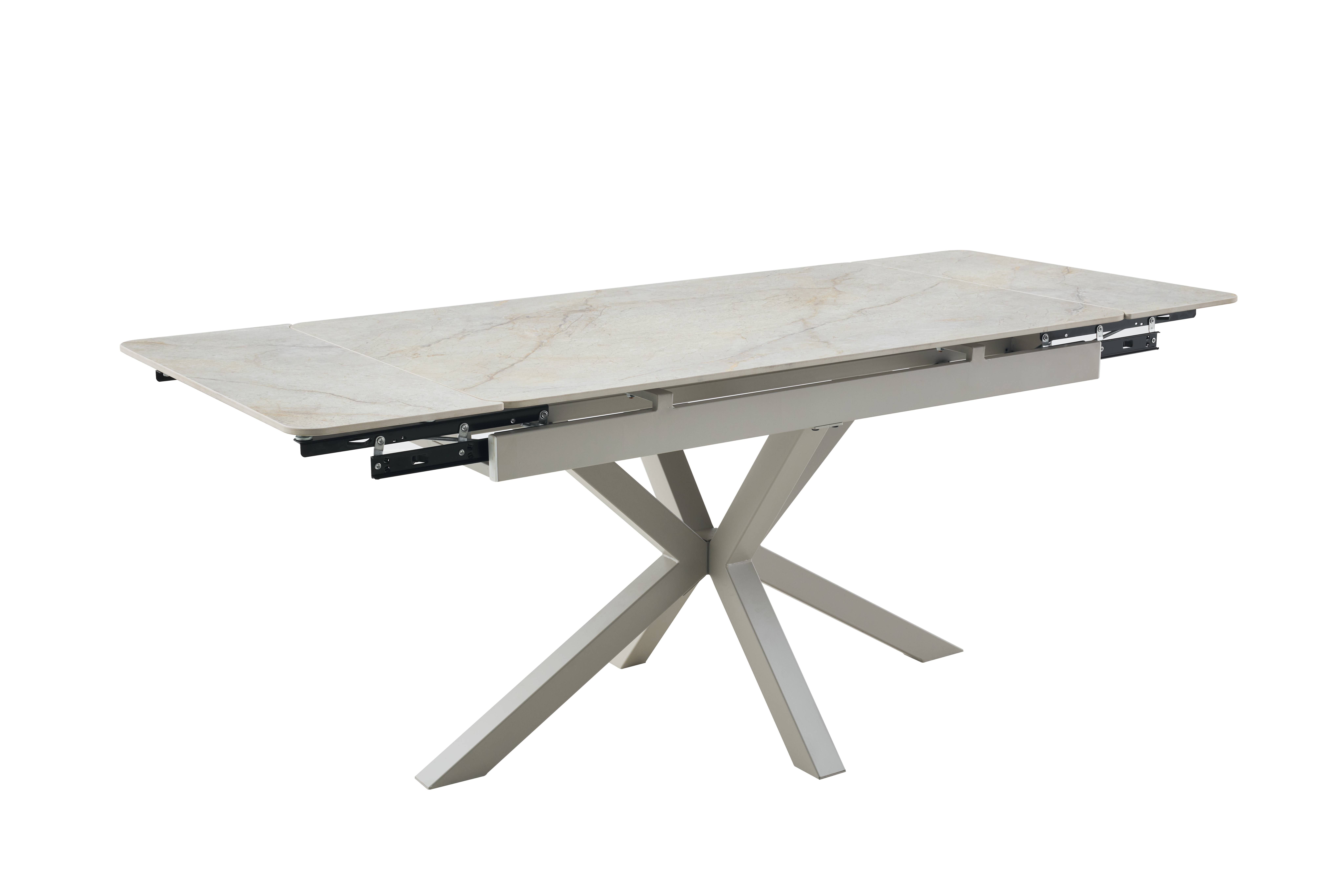 Alicante asztal,matt beige szinterezett kő,camel láb 130-190x80x76cm