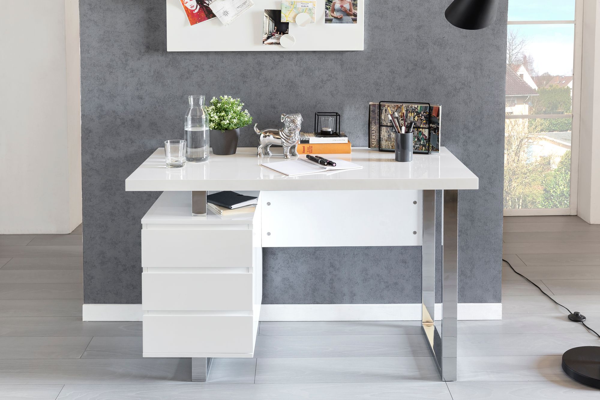 Sera íróasztal 3 fiókkal, fehér magasfényű lakk/króm, 115x60x76 cm"k"