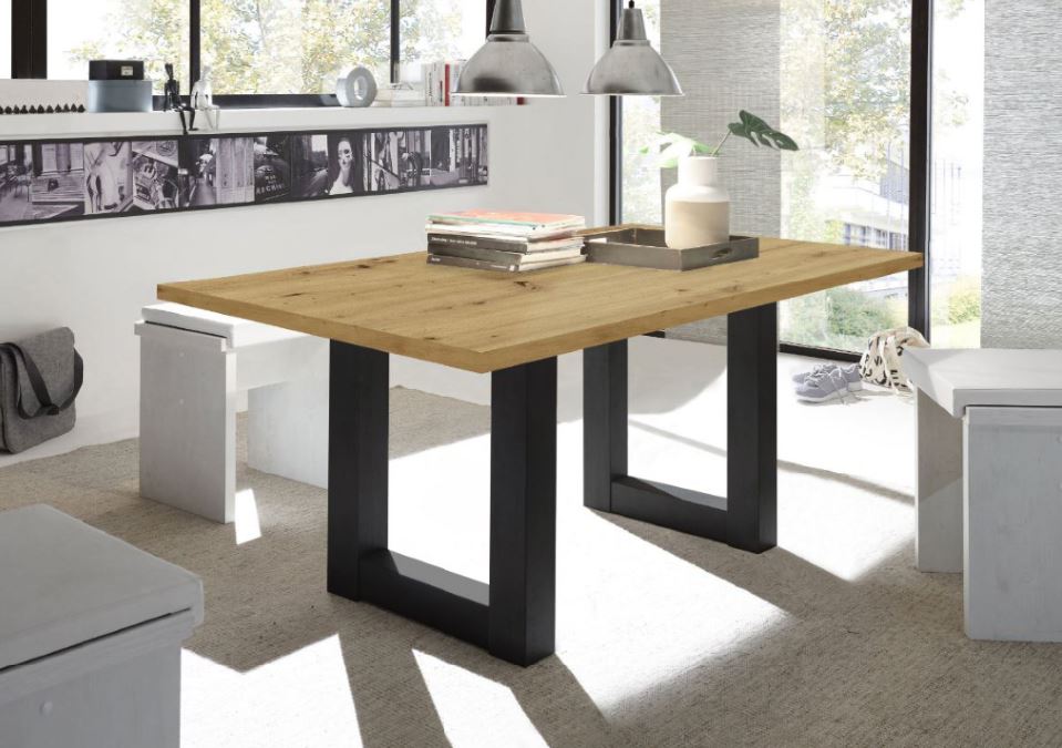 System-U160B asztal, csomóstölgy asztallap, feketeacél színű lábbal,160-210x90cm