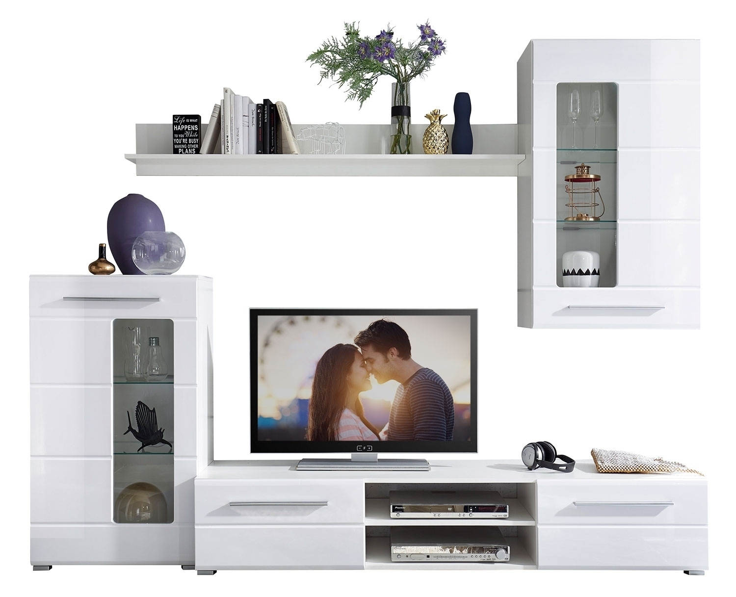 Rike nappali szekrény LED világítással, fehér/ magasfényű fehér , 240x190x42 cm