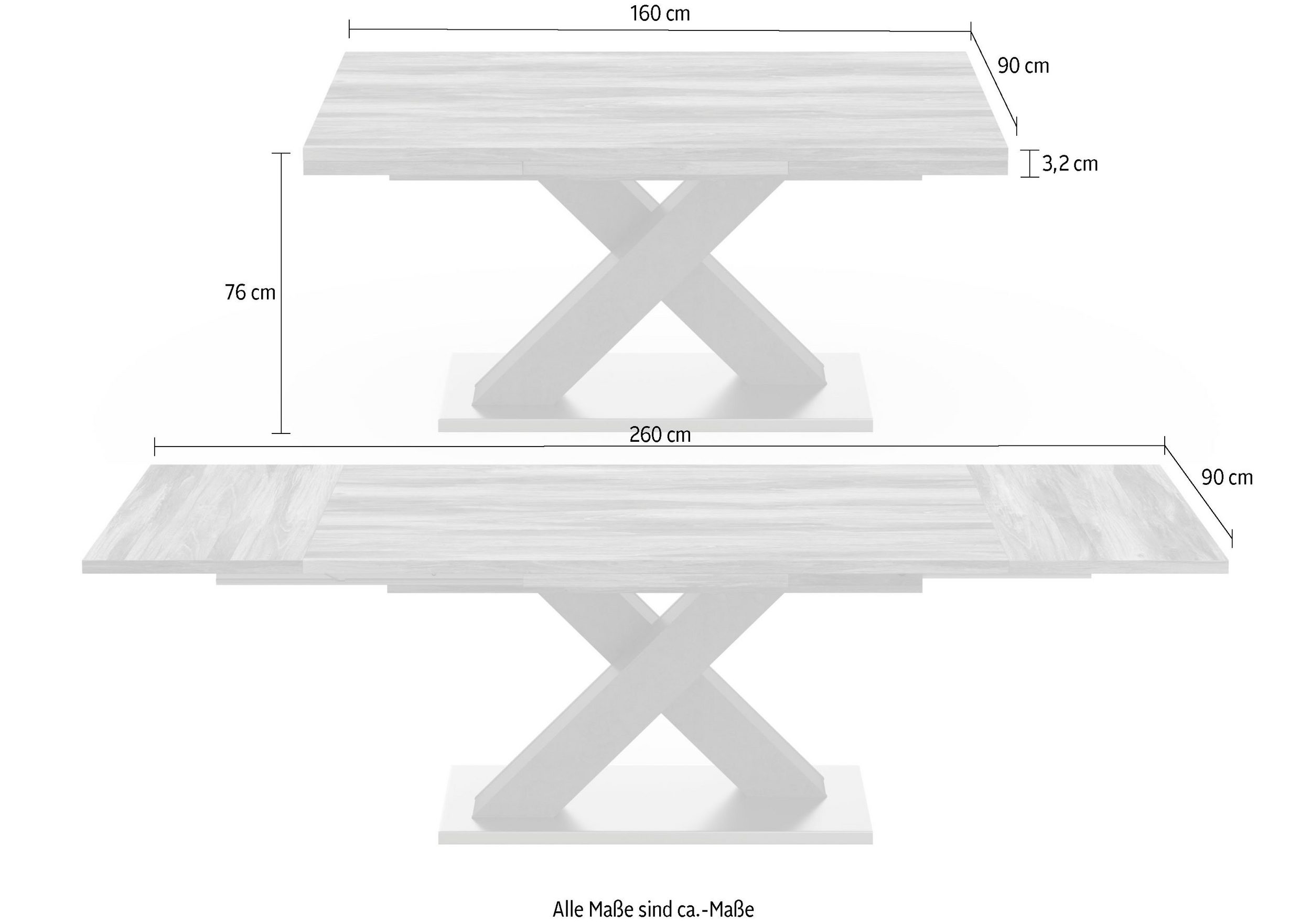 K-System C étkezőasztal X grafit láb 160-210-260x90x76 "ki"