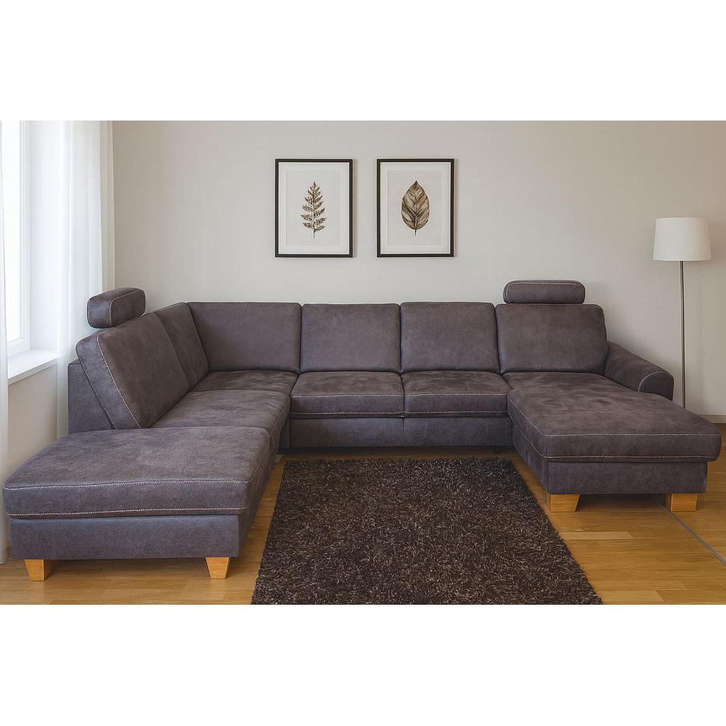 Stanley U alakú ülőgarnitúra, Taurus Grau szövet, tölgy láb, vendégággyal, tárolóval, fiókkal, relax funkcióval, 2 db fejtámlával, 313x235x167 cm