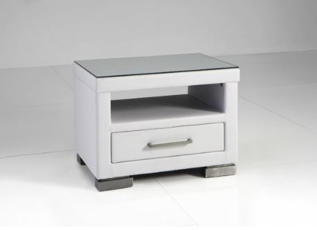 Pago fiókos éjjeliszekrény, üveg tetőlappal, fehér textilbőr, 56x40x40 cm "k"