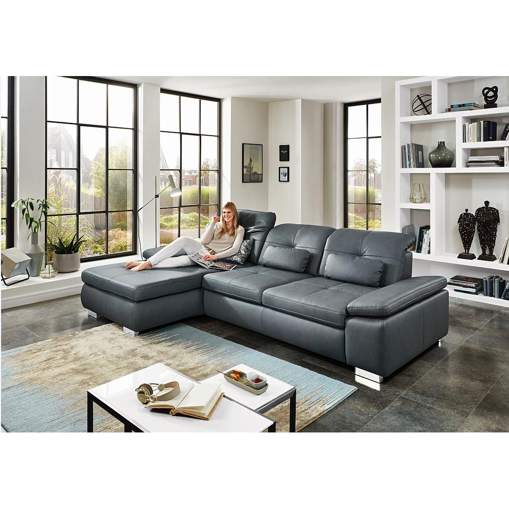 Ice ülőgarnitúra 309x195 cm, tárolós lábtartóval, vendégággyal, állítható fejtámlákkal, 2 db derékpárnával + tárolós ülőke 129x64 cm Vivre Steele bőrrel, króm lábbal