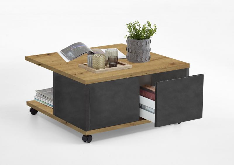 Tixi dohányzóasztal, fiókos, kerekes, matera grafit/artisan tölgy"k"