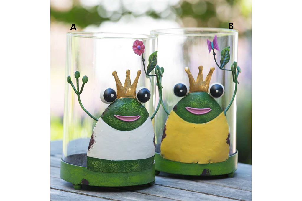 Happy Frog mécsestartó fém, üveg betét zöld/sárga/fehér 16cm d:10cm