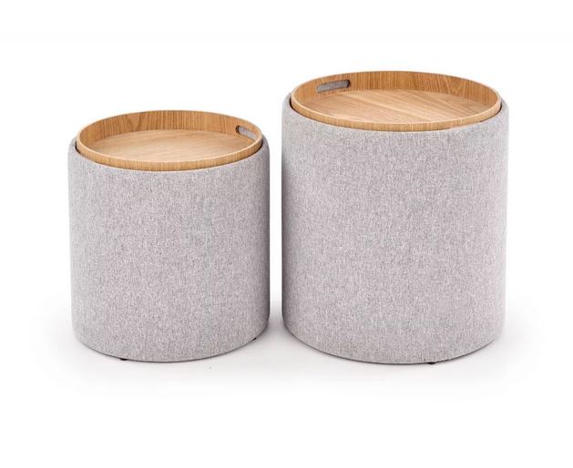 Aniko tárolós puff 2-es szett, világos szürke / fa tető