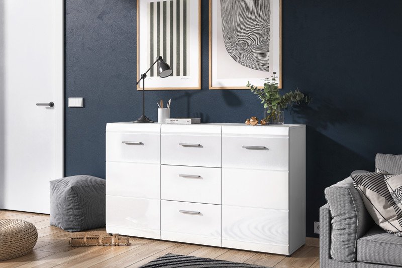 Adana széles komód, 2 ajtó-3 fiók, fehér magasfényű, 144x86x40 cm