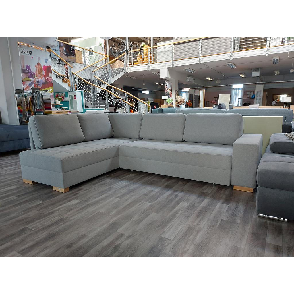 VARIA "L" ottomános sarokgarnitúra - kiemelő vasalattal, Barbados 18 vil.szürke, 2 ágyneműtartóval,1db fejtámlával, 270x200 cm, bükk láb "k"