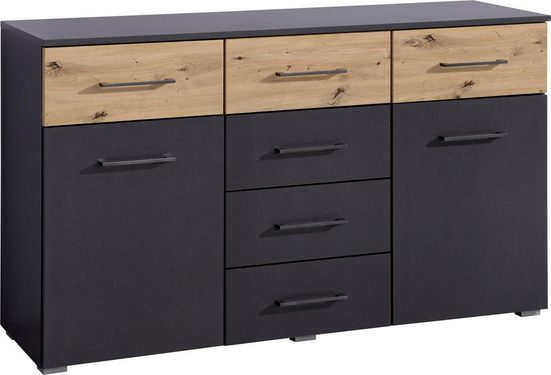 Bea komód, 2 ajtós, 6 fiókos, antracit metál/antracit-artisan tölgy, 140x81x42cm"k"