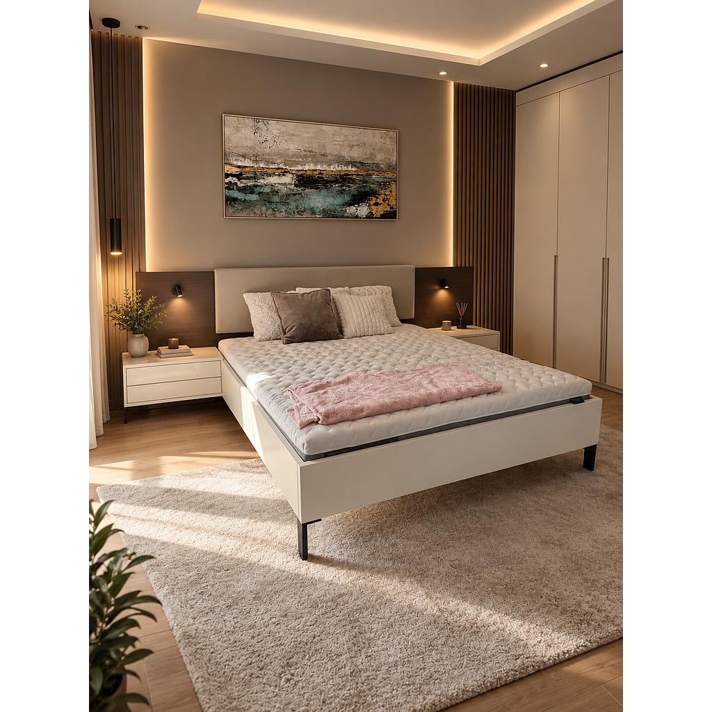 LOTUS Franciaágy szett, világítással, USB csatlakozóval - 310x207x110 cm / 180x200 cm, Szürke fejvég Pure Mandula párnával, Fehér keret, Fekete láb