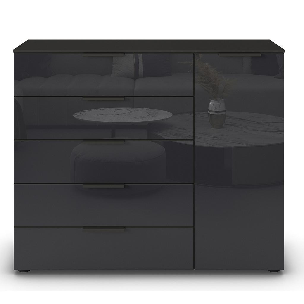 Shine komód 1 ajtós, 5fiókos, grafit-basalt üveg front, grafit fogantyú 120x100x42cm"ksz"