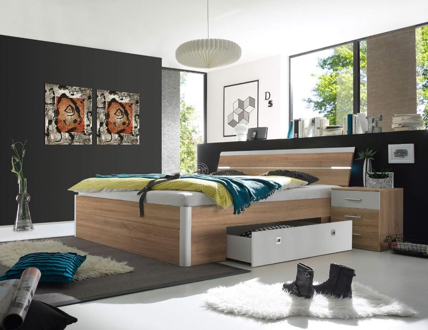 Marc franciaágy szett (ágykeret 180x200cm, 2 éjjeli,2 ágyneműtartó, LED világítás), Sonoma tölgy- fehér"k"