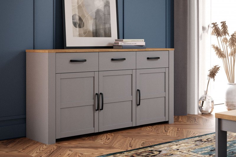 Provance komód, 3ajtó, 3fiók, szürke / riviera tölgy, 166x87x42 cm