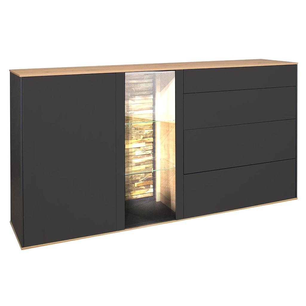 Colombus komód, antracit szürke matt lakk/csomós tölgy, LED világítással, 169x90x42cm